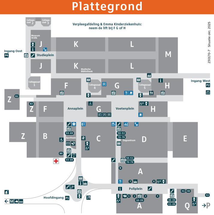 Plattegrond van het AMC met de bouwdelen A t/m M